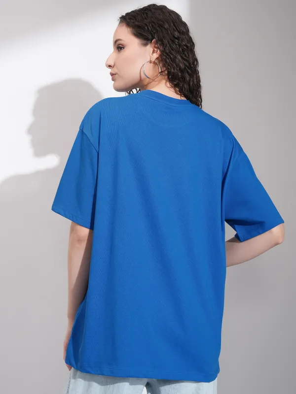 Tokyo Talkies Women Blue Embroidered Round Neck Oversized Fit T-Shirt
