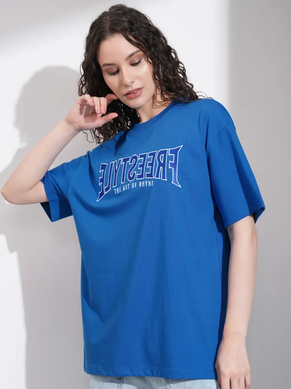 Tokyo Talkies Women Blue Embroidered Round Neck Oversized Fit T-Shirt