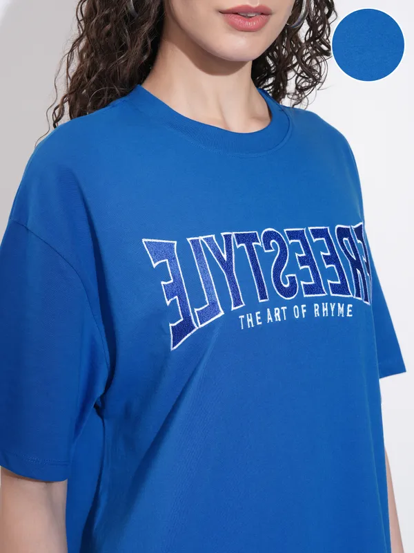 Tokyo Talkies Women Blue Embroidered Round Neck Oversized Fit T-Shirt