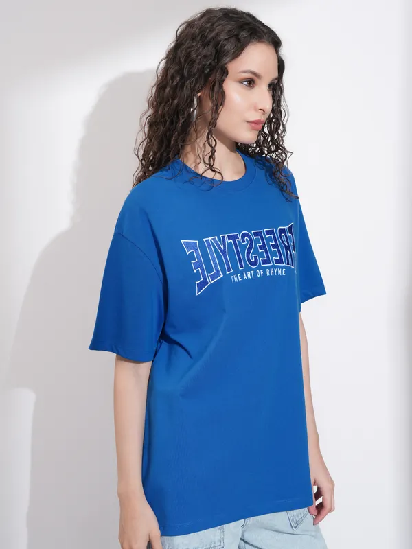 Tokyo Talkies Women Blue Embroidered Round Neck Oversized Fit T-Shirt