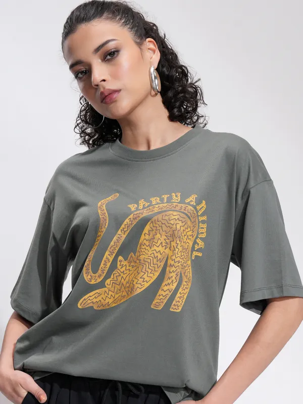 Tokyo Talkies Women Grey Printed Round Neck Oversized Fit T-Shirt