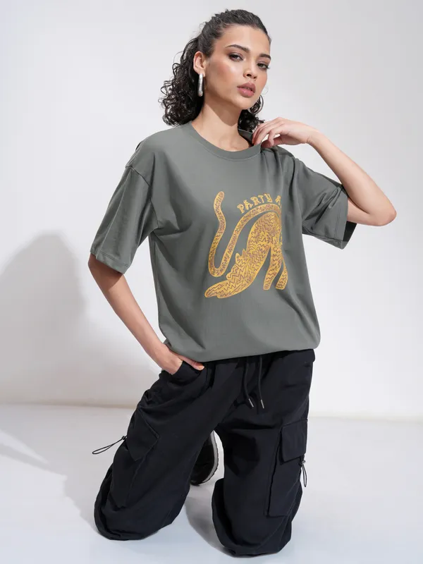 Tokyo Talkies Women Grey Printed Round Neck Oversized Fit T-Shirt