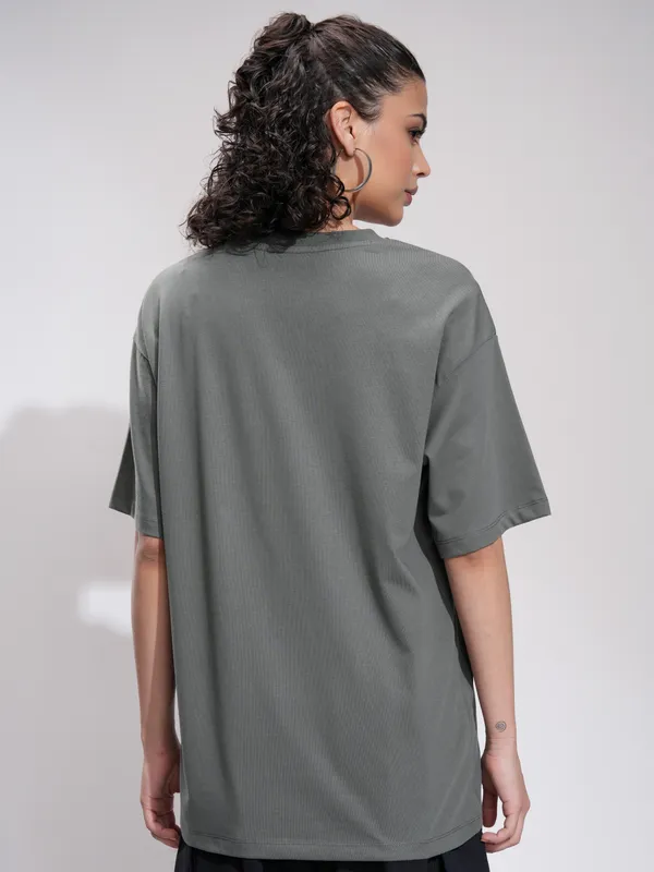 Tokyo Talkies Women Grey Printed Round Neck Oversized Fit T-Shirt