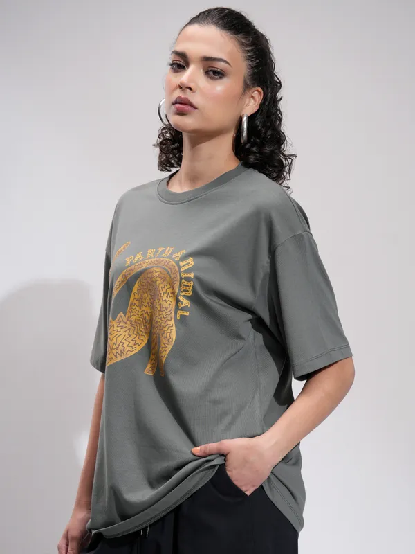 Tokyo Talkies Women Grey Printed Round Neck Oversized Fit T-Shirt