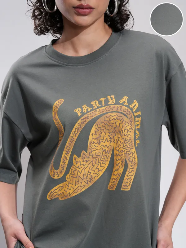 Tokyo Talkies Women Grey Printed Round Neck Oversized Fit T-Shirt