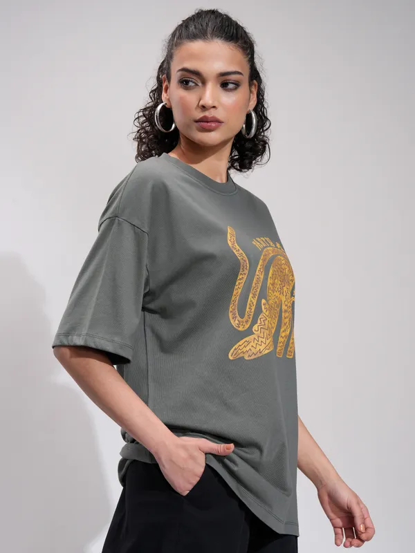 Tokyo Talkies Women Grey Printed Round Neck Oversized Fit T-Shirt