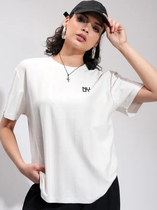 Tokyo Talkies Women White Printed Round Neck Oversized Fit T-Shirt