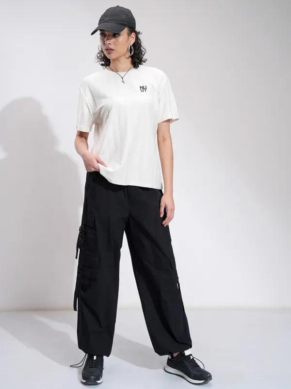 Tokyo Talkies Women White Printed Round Neck Oversized Fit T-Shirt