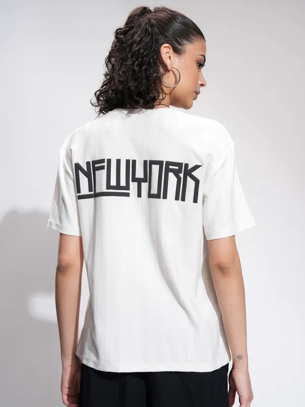 Tokyo Talkies Women White Printed Round Neck Oversized Fit T-Shirt