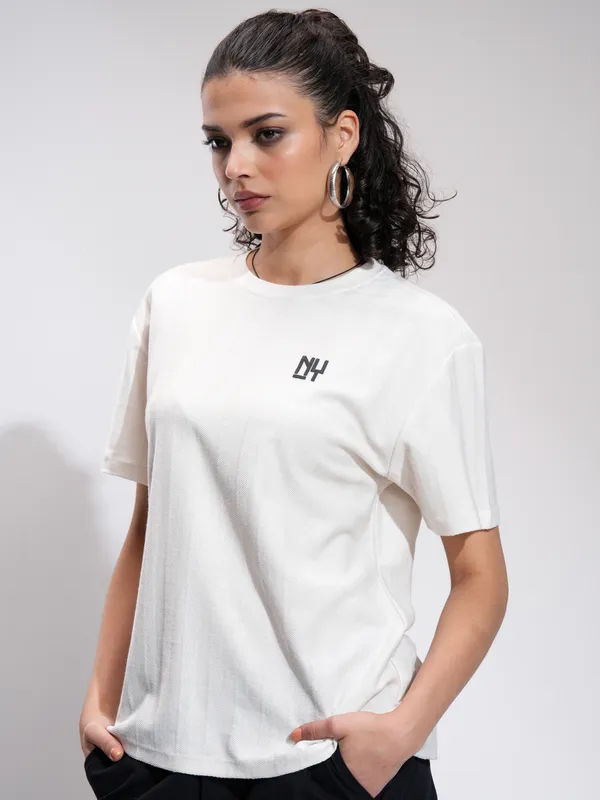 Tokyo Talkies Women White Printed Round Neck Oversized Fit T-Shirt
