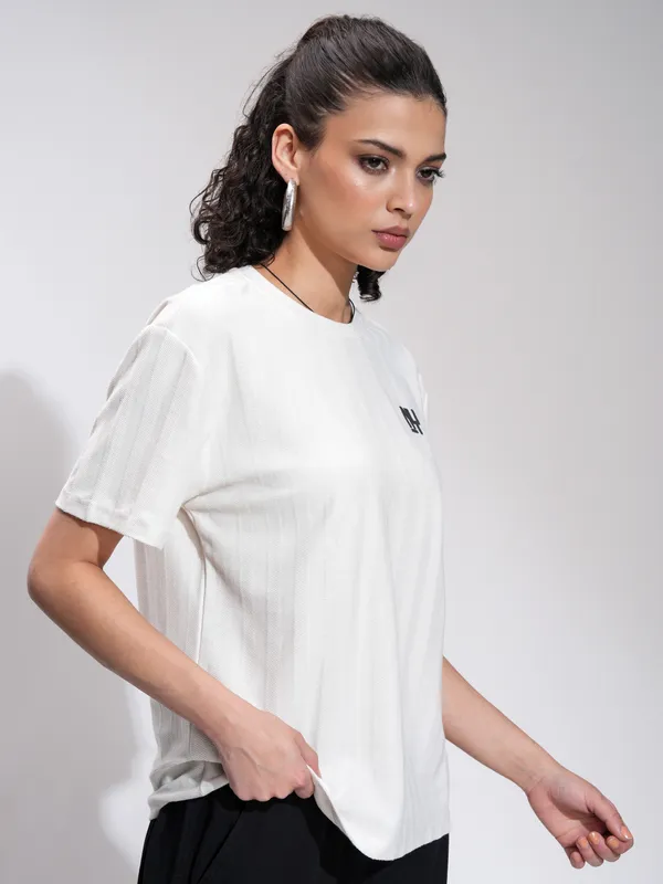 Tokyo Talkies Women White Printed Round Neck Oversized Fit T-Shirt