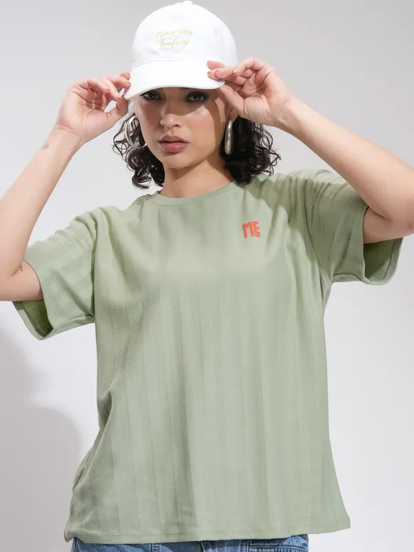 Tokyo Talkies Women Green Printed Round Neck Oversized Fit T-Shirt