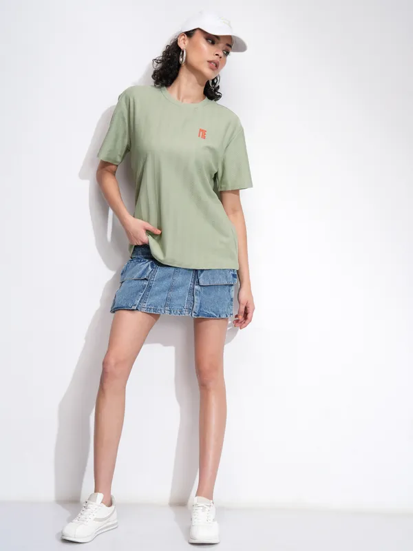 Tokyo Talkies Women Green Printed Round Neck Oversized Fit T-Shirt