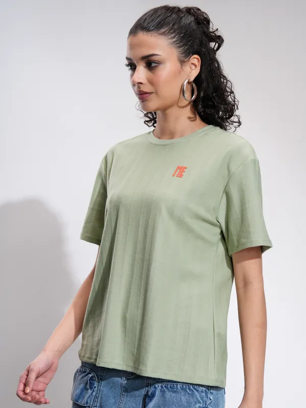Tokyo Talkies Women Green Printed Round Neck Oversized Fit T-Shirt
