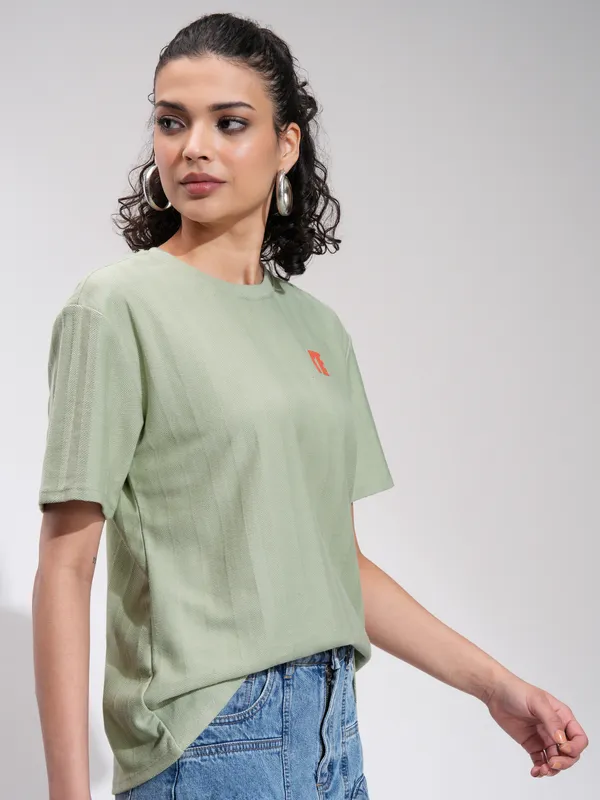 Tokyo Talkies Women Green Printed Round Neck Oversized Fit T-Shirt