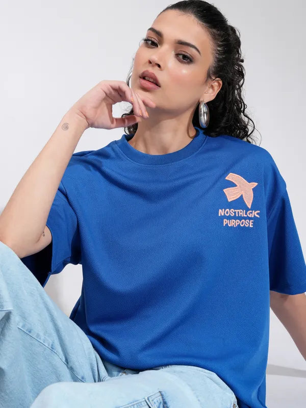 Tokyo Talkies Women Blue Embroidered Round Neck Oversized Fit T-Shirt