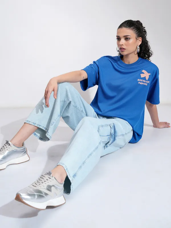 Tokyo Talkies Women Blue Embroidered Round Neck Oversized Fit T-Shirt
