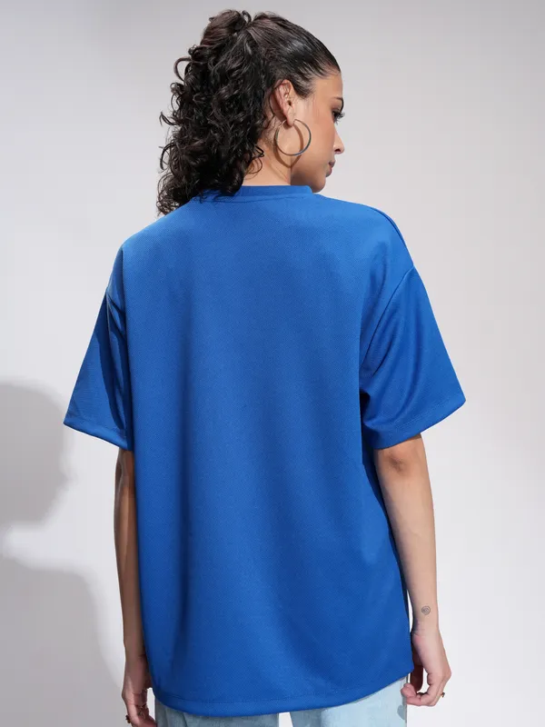 Tokyo Talkies Women Blue Embroidered Round Neck Oversized Fit T-Shirt