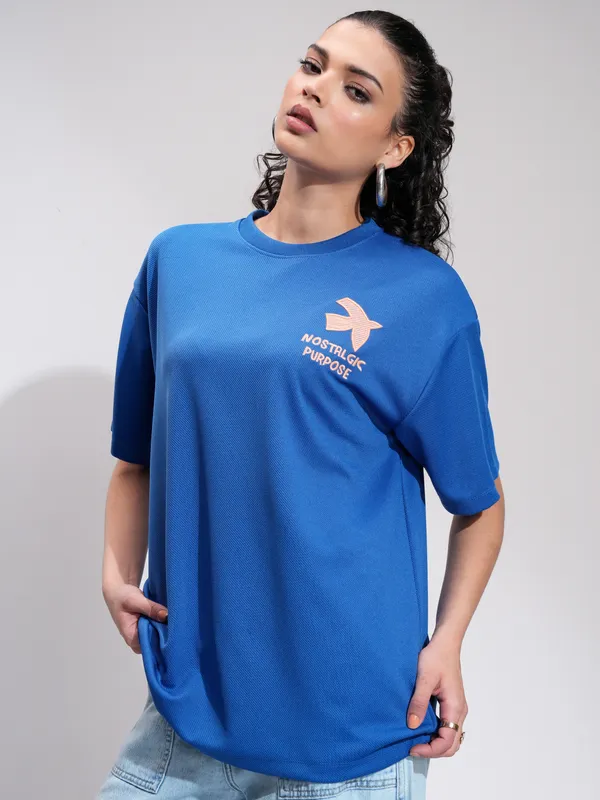 Tokyo Talkies Women Blue Embroidered Round Neck Oversized Fit T-Shirt