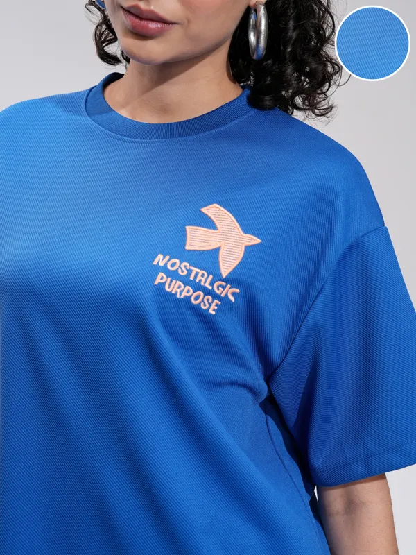 Tokyo Talkies Women Blue Embroidered Round Neck Oversized Fit T-Shirt