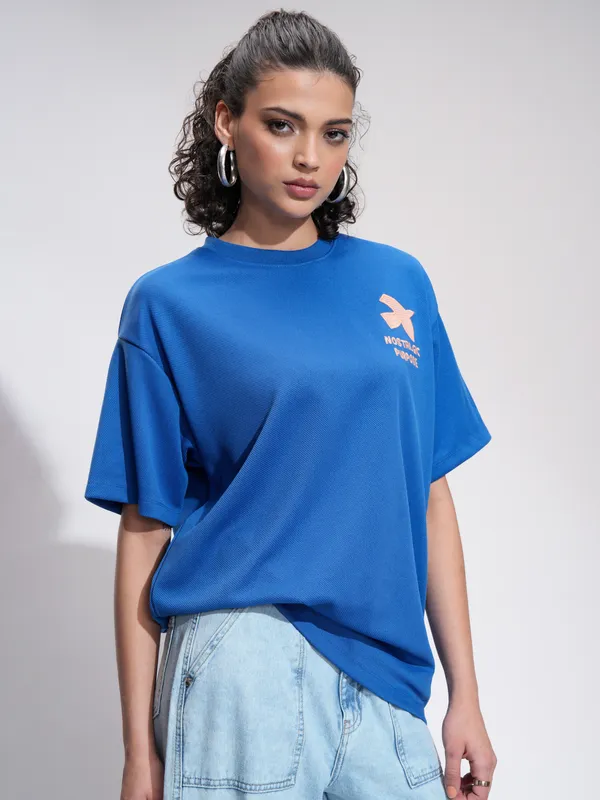 Tokyo Talkies Women Blue Embroidered Round Neck Oversized Fit T-Shirt