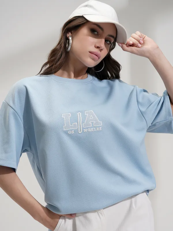 Tokyo Talkies Women Blue Self Design Oversized Fit T-Shirt