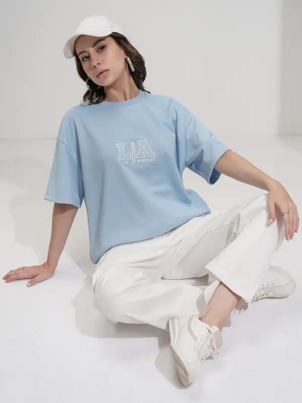 Tokyo Talkies Women Blue Self Design Oversized Fit T-Shirt