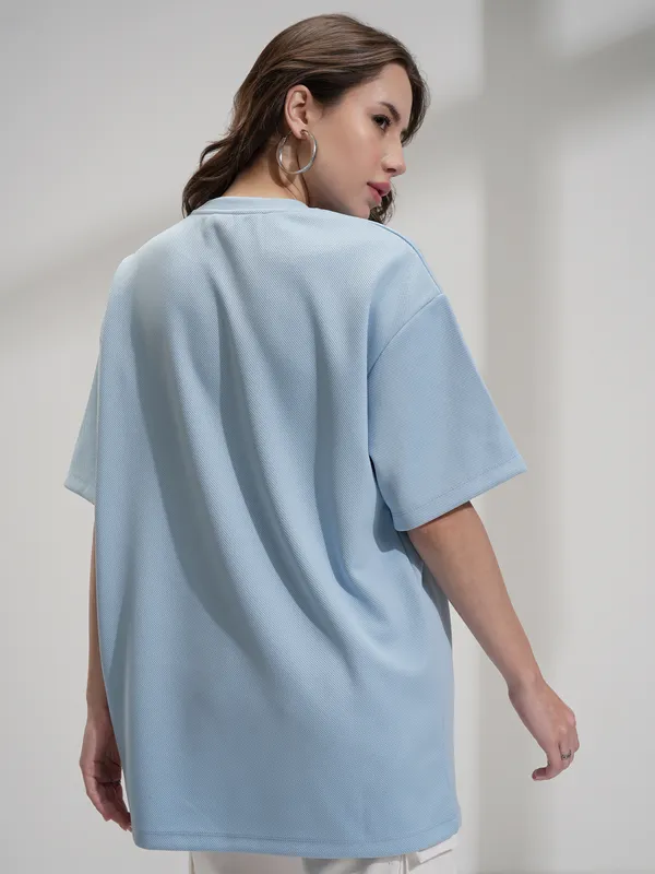 Tokyo Talkies Women Blue Self Design Oversized Fit T-Shirt