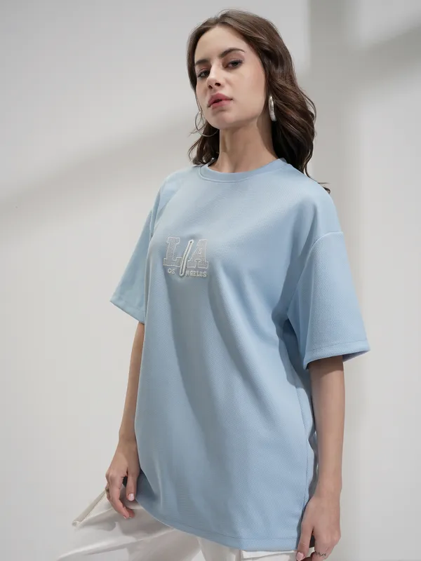 Tokyo Talkies Women Blue Self Design Oversized Fit T-Shirt