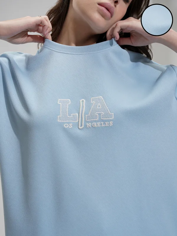 Tokyo Talkies Women Blue Self Design Oversized Fit T-Shirt