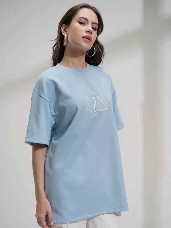 Tokyo Talkies Women Blue Self Design Oversized Fit T-Shirt