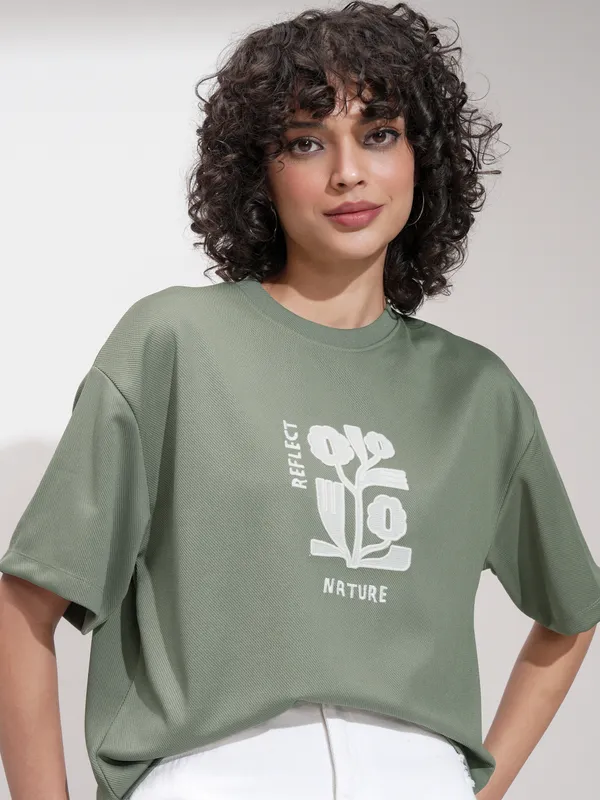 Tokyo Talkies Women Green Embroidered Round Neck Oversized Fit T-Shirt