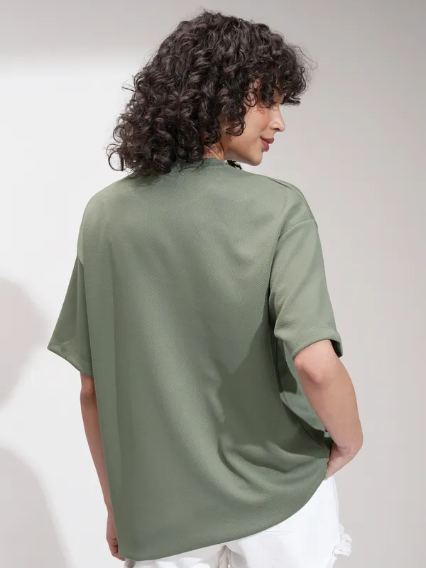 Tokyo Talkies Women Green Embroidered Round Neck Oversized Fit T-Shirt