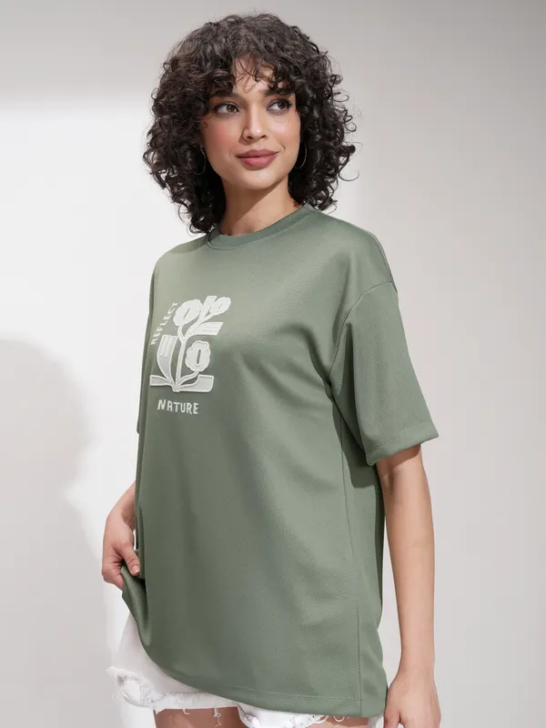 Tokyo Talkies Women Green Embroidered Round Neck Oversized Fit T-Shirt