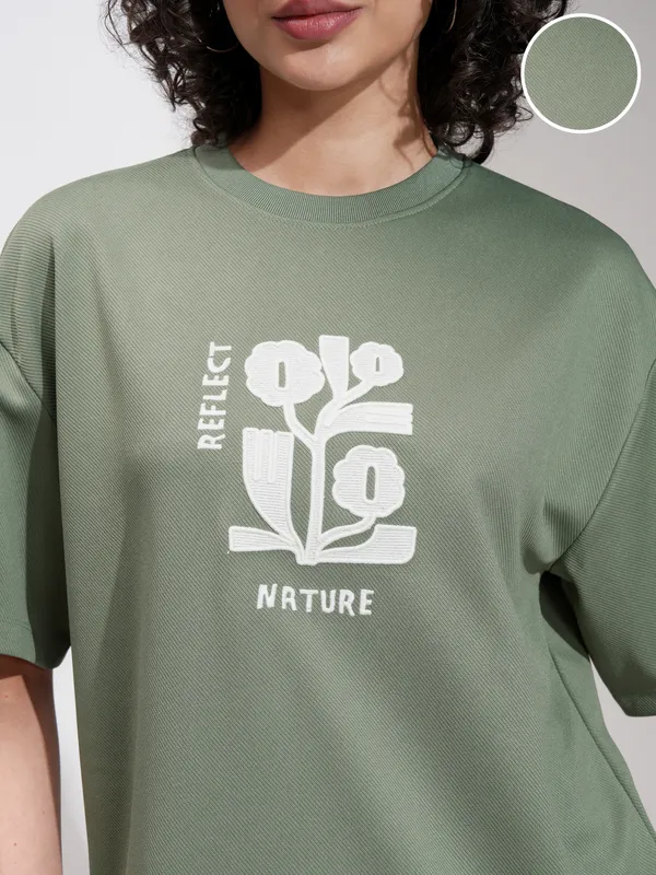 Tokyo Talkies Women Green Embroidered Round Neck Oversized Fit T-Shirt