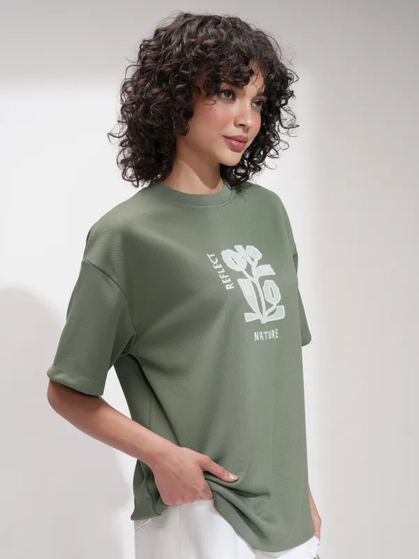 Tokyo Talkies Women Green Embroidered Round Neck Oversized Fit T-Shirt