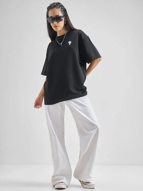 Street By Tokyo Talkies Women Black Printed Round Neck Oversized Fit T-Shirt