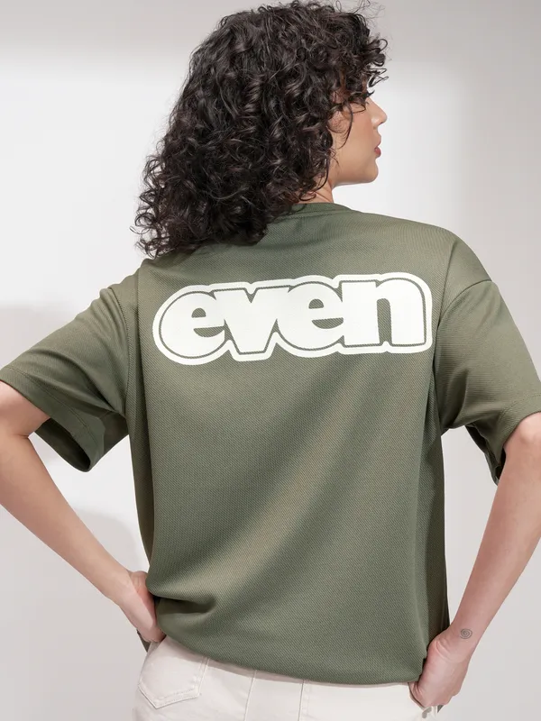 Tokyo Talkies Women Olive Self Design Oversized Fit T-Shirt