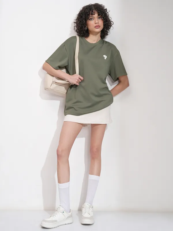 Tokyo Talkies Women Olive Self Design Oversized Fit T-Shirt