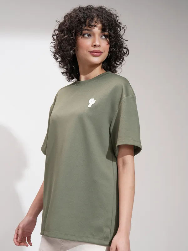 Tokyo Talkies Women Olive Self Design Oversized Fit T-Shirt