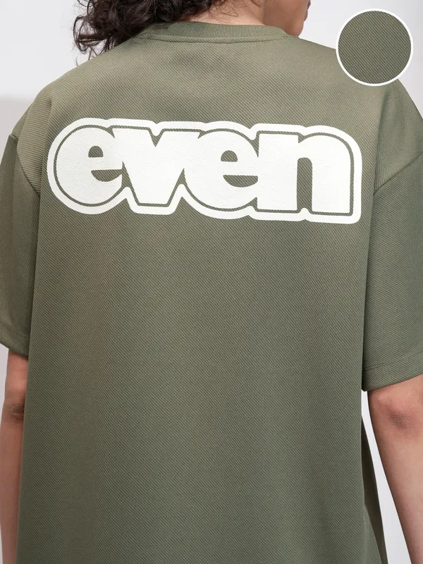 Tokyo Talkies Women Olive Self Design Oversized Fit T-Shirt