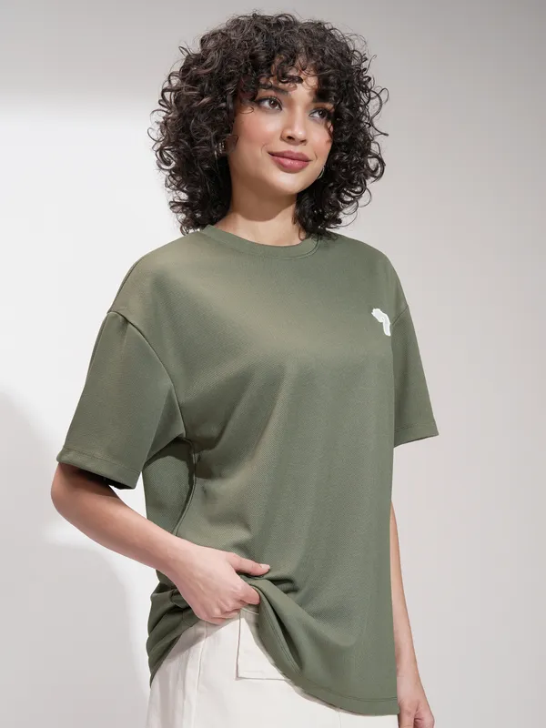 Tokyo Talkies Women Olive Self Design Oversized Fit T-Shirt