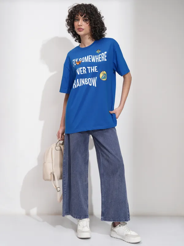 Tokyo Talkies Women Blue Printed Round Neck Oversized Fit T-Shirt