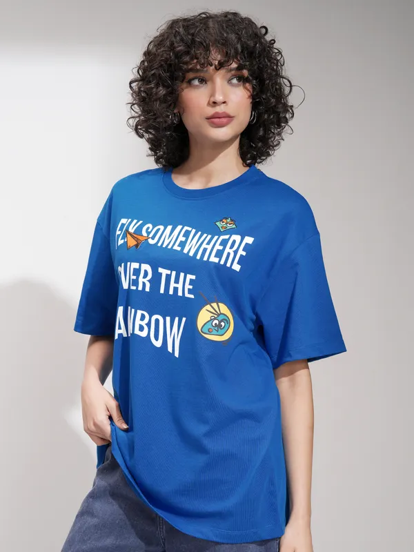 Tokyo Talkies Women Blue Printed Round Neck Oversized Fit T-Shirt