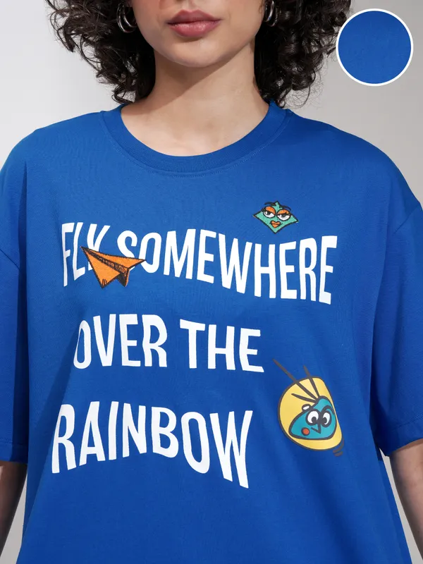 Tokyo Talkies Women Blue Printed Round Neck Oversized Fit T-Shirt