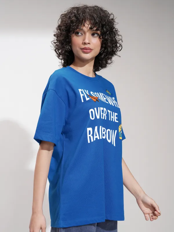 Tokyo Talkies Women Blue Printed Round Neck Oversized Fit T-Shirt