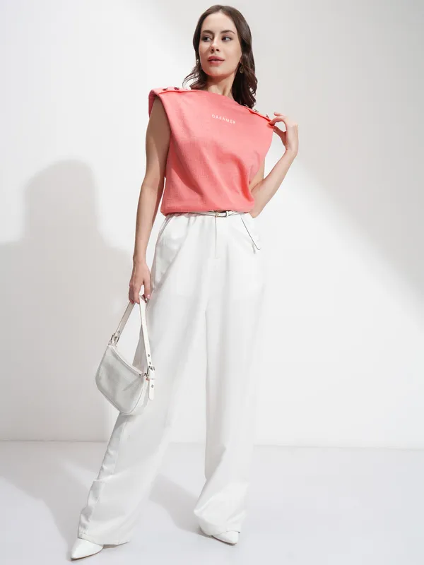 Tokyo Talkies Women Coral Printed Round Neck T-Shirt