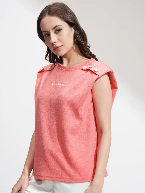 Tokyo Talkies Women Coral Printed Round Neck T-Shirt