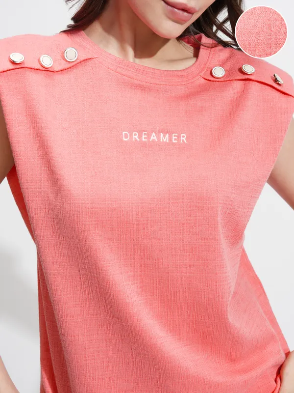 Tokyo Talkies Women Coral Printed Round Neck T-Shirt