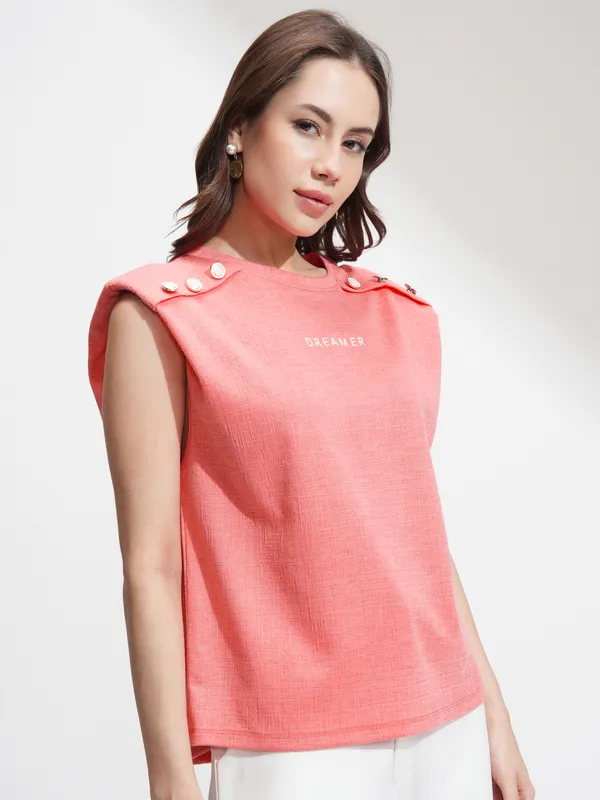 Tokyo Talkies Women Coral Printed Round Neck T-Shirt